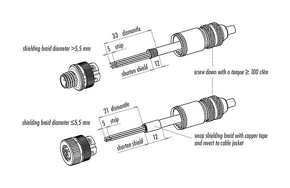 装配说明 99 3727 810 04 - M12 直头针头电缆连接器, 极数: 4, 5.0-8.0mm, 可接屏蔽, 螺钉接线, IP67, UL