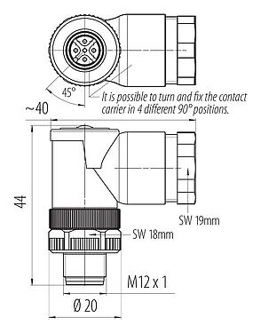 스케일 드로잉 99 0437 162 05 - M12 각진 플러그, 콘택트 렌즈: 5, 2x케이블Ø2mm, 1.0-3.0mm또는4.0-5.0mm, 차폐되지 않음, 나사 클램프, IP67, UL
