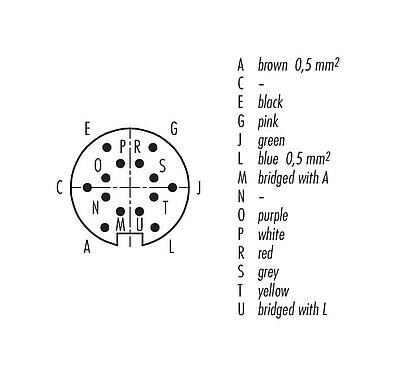 Disposición de los contactos (lado de la conexión) 79 6251 200 14 - M16 Conector macho en ángulo, Número de contactos: 14 (14-b), sin blindaje, moldeado en el cable, IP67, PUR, negro, 8 x 0,25 mm² / 2 x 0,50 mm², 2 m