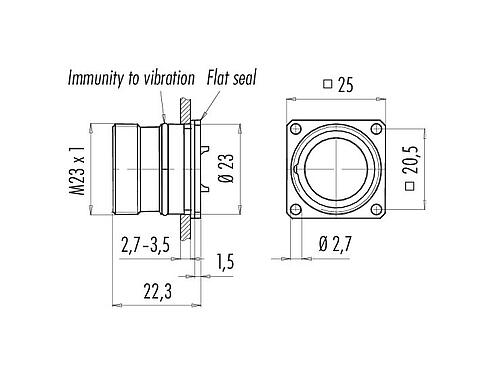 Scale drawing 99 4608 80 12 - M23 Female panel mount connector, Contacts: 12, unshielded, solder, IP67, back mounting