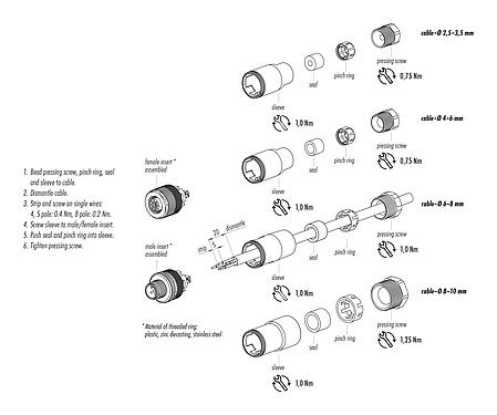 Instrucción de montaje 99 0430 07 04 - M12 Conector de cable hembra, Número de contactos: 3, 4,0-6,0 mm, sin blindaje, tornillo extraíble, IP67, UL