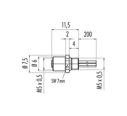 Desenho da escala 09 3106 01 03 - M5 Soquete de flange, Contatos: 3, desprotegido, fios simples, IP67