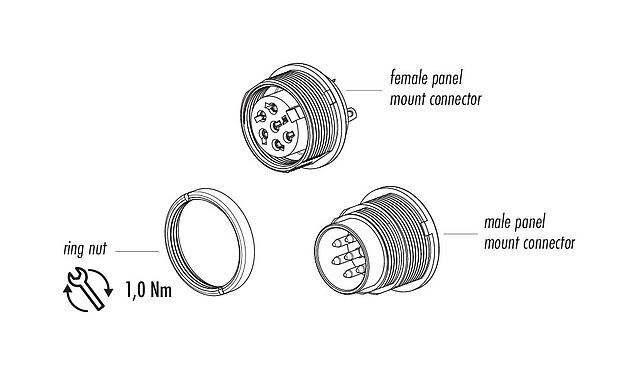 Artikelbeschrijving 09 0316 89 05 - M16 Female panel mount connector, aantal polen: 5 (05-a), onafgeschermd, soldeer, IP40, aan voorkant verschroefbaar