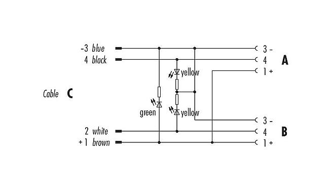 Stiftkonfigurationsritningar 79 5232 33 04 - M8 Dubbelfördelare, Y-distributör, antal poler: 3, oskärmad, fastgjuten på kabeln, IP68, UL, PUR, svart, 4 x 0,25 mm², med LED PNP, 2 m
