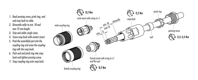 装配说明 99 0401 00 02 - M9 直头针头电缆连接器, 极数: 2, 3.5-5.0mm, 非屏蔽, 焊接, IP67
