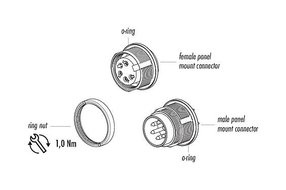 Component part drawing 09 0174 99 08 - M16 Female panel mount connector, Contacts: 8 (08-a), unshielded, THT, IP68, UL, AISG compliant, front fastened