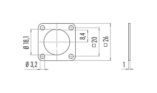 Desenho da escala 08 0045 000 001 - M16 IP67 - flange quadrada para conectores de flange; série 423/425/723