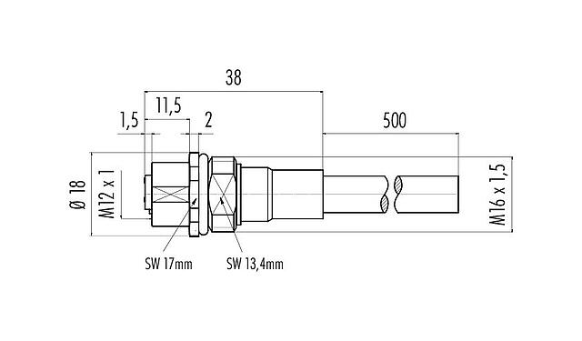Desenho da escala 70 3442 785 05 - M12 Soquete de flange, Contatos: 5, 5,3 mm, blindado, com cabo montado, IP68, M16x1,5, PUR, 5 x 0,25 mm², 0,5 m