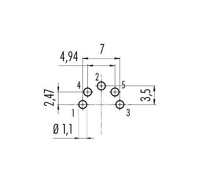 Conductor layout 09 0120 99 05 - M16 Female panel mount connector, Contacts: 5 (05-b), unshielded, THT, IP67, front fastened